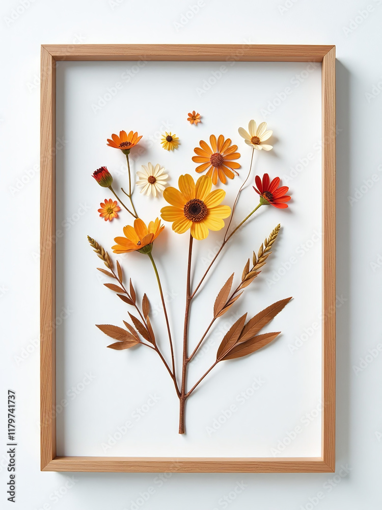 Poster a beautiful dried flower arrangement is placed in a frame against a clean white background for displ
