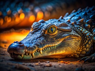 Obraz premium Low Light Crocodile Portrait: Reptilian Gaze in Darkness
