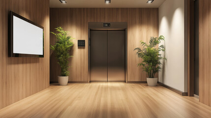 Fototapeta premium Realistic elevator with open door and TV screen on wall in office or modern hotel hallway, empty lobby interior with lift, wooden floor and blank display, indoor transportation 3d vector illustration