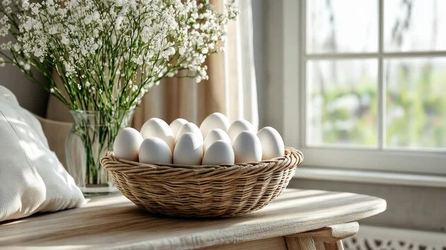 Simple white colored Easter background with an empty table and a basket of Easter eggs.