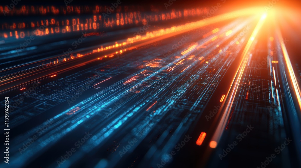 Poster intricate computer circuit board design featuring numerous colorful lights and complex pathways repr