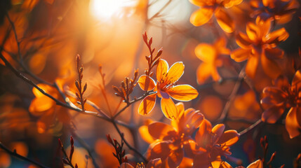 Obraz premium Golden Hour Bloom, A warm, sunlit close-up of vibrant orange blossoms, their delicate petals glowing against a soft, bokeh-filled background, showcasing the beauty of nature's fiery hues,