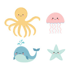 Set of cute cartoon inhabitants of the underwater world: whale, starfish, octopus, jellyfish. Vector illustration for children. 
