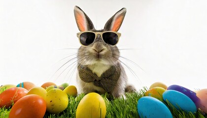 A seated, Easter bunny with sunglasses between Easter eggs against a white background