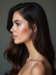 Naklejka premium A Beautiful Brunette Woman With A Stunning Long Straight Hair Profile Is The Main Subject Of This Portrait. 00002