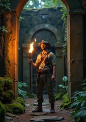 Fototapeta premium Adventurer explores ancient ruins with a torch in a lush jungle setting