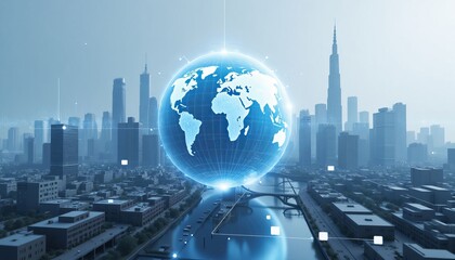 Globe over city with buildings and river