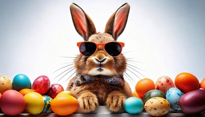 A seated, dressed Easter bunny with sunglasses between Easter eggs against a white background
