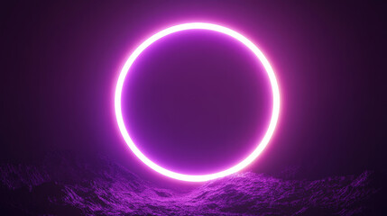Solar eclipse circles showing moon covering sun on dark background. Glowing purple neon rings with bright luminous effects capture celestial phenomenon. Radiant circular shapes of astronomical event.