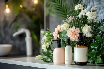 Hair shampoo setup featuring floral elements for product demo Concept template and background design for duplication High quality image