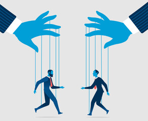 Two businessmen puppets connected to strings and manipulated by two huge hands