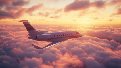 Fototapeta premium Side view of small private jet airplane, flying high above the clouds in sky at sunset