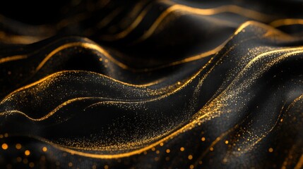 Abstract flowing golden lines gracefully curving across a deep black background, creating an elegant and luxurious composition