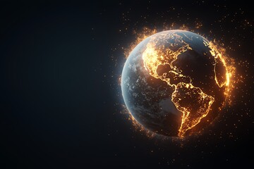 Fototapeta premium A fiery depiction of Earth glowing with vibrant energy against a dark backdrop, symbolizing environmental change and global warming