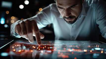 financial expert analyzing data on digital screen with focus and precision