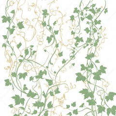 An elegant illustration of vines and leaves that curl and spread gracefully on a clean white background. The vines form a delicate organic pattern, their soft green leaves varying in size, with intric