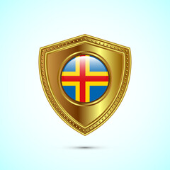 Rounded flag of Aland with glossy gold shield