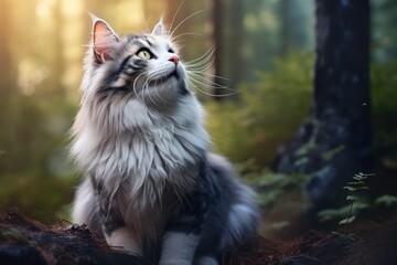 Obraz premium Portrait of a smiling american curl cat while standing against backdrop of a mystical forest