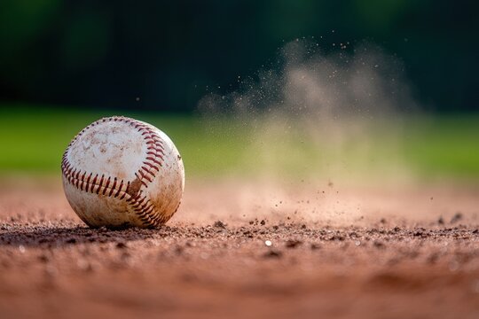 A baseball lying on the pitchers mound with dust around it. - Powered by Adobe