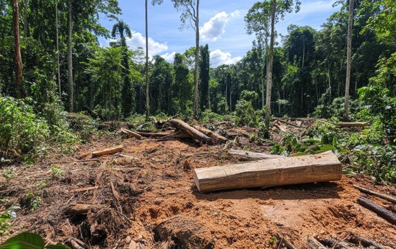 A forest filled with fallen trees after illegal logging, with broken branches and sawdust everywhere.