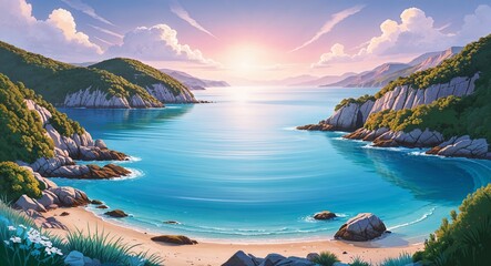 Obraz premium A peaceful coastal inlet with clear water surrounded by rocky hillsides