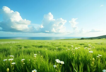 Green field with flowers and ocean view