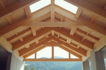 Fototapeta premium Installing plywood on wooden roof trusses during house construction