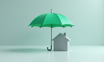 Green umbrella covering a grey house on a green surface