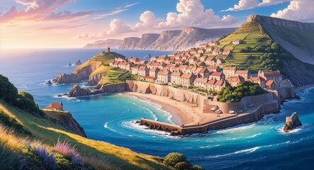 A picturesque cliffside village overlooking a vast ocean bay