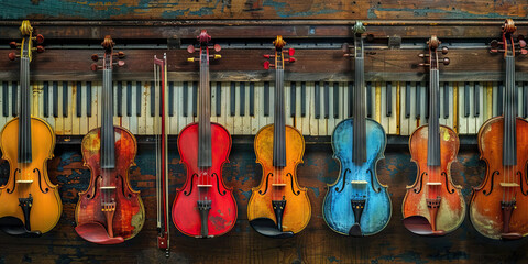 Naklejka premium Eight Violins and Piano Keyboard on Wooden Surface