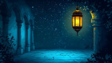 Glowing Ramadan lanterns under a stunning starry background, peaceful night scene, extra space reserved for text