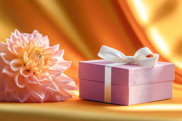 Luxury gift, birthday wedding valentine, mauve jewellery box with white satin ribbon, bow, silk display, dahlia flower, natural light, vibrant yellow backdrop. 