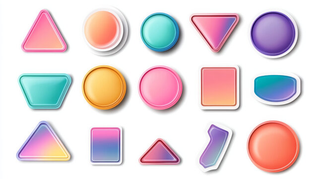 Transparent stickers peel off, patches, wrinkled plastic or pvc film. Shrunken adhesive labels mockup of round, triangle and square shapes. Isolated emblems, badges or tags, Realistic 3d vector set