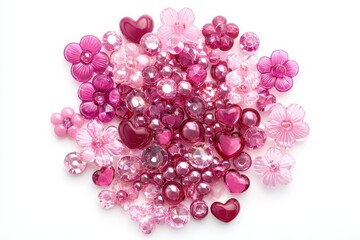 Isolated pink pearl heart and flower beads Beading supplies and elements on a white background seen from above