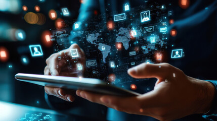 Fototapeta premium cybersecurity professional using tablet to analyze data and security threats, showcasing digital security icons and world map