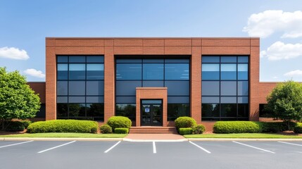 A modern brick office building with large windows and a landscaped entrance, set against a clear blue sky.