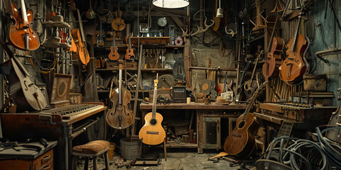 Collection of Vintage Stringed Instruments in a Workshop