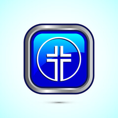 Christian cross icon design illustration, Religion sign. Holy cross logo symbol, Blue color square button design