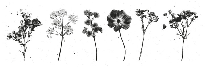 Set dried flowers retro photocopy style. The effect of grain and dotted lines. Vector.