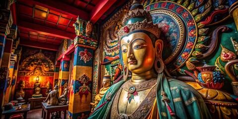 Fototapeta premium Low Light Photography: Ancient Statue within Tawang Monastery, Arunachal Pradesh, India