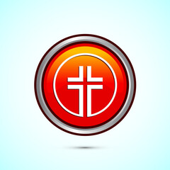 Christian cross icon design illustration, Religion sign. Holy cross logo symbol, Orange color round button design