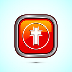 Christian cross icon design illustration, Religion sign. Holy cross logo symbol, Orange color square button design