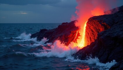 Fototapeta premium Red-hot lava bursts from Stromboli's vent, glowing against the dark sea , rock, water