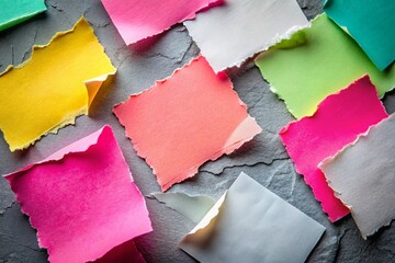 Low Light Photography: Torn Edge Colorful Note Papers on Gray Background