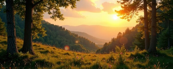 Golden sunlight illuminates a vast, tranquil woodland vista; expansive view , majestic, landscape