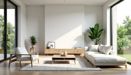 Fototapeta premium Minimalist living room with sleek furniture and natural light, space, cozy