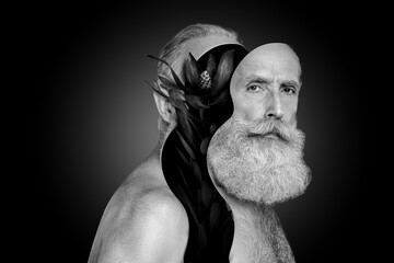 Creative advertisement collage of masculine aged man reveal secret nature wild flower god soul...