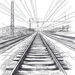 Railway Line Sketch: A detailed raster sketch of a railway line, showing tracks extending into the distance. Transparent background.