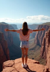 Obraz premium Woman enjoys breathtaking view at canyon rim under clear blue sky