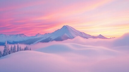 Naklejka premium Sunset Over Snowy Mountains in Winter with Vibrant Pink and Golden Sky Above Serene Landscape, Featuring Rolling Hills and Majestic Peaks, Ideal for Nature Themes and Winter Scene Concepts
